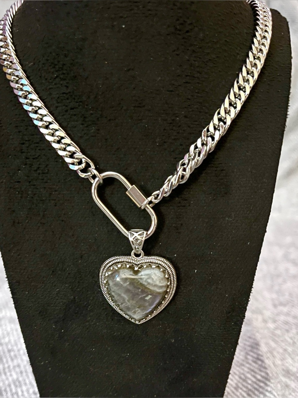 Labradorite Heart Carabiner Curb Chain Necklace Stainless Steel 18 Inch